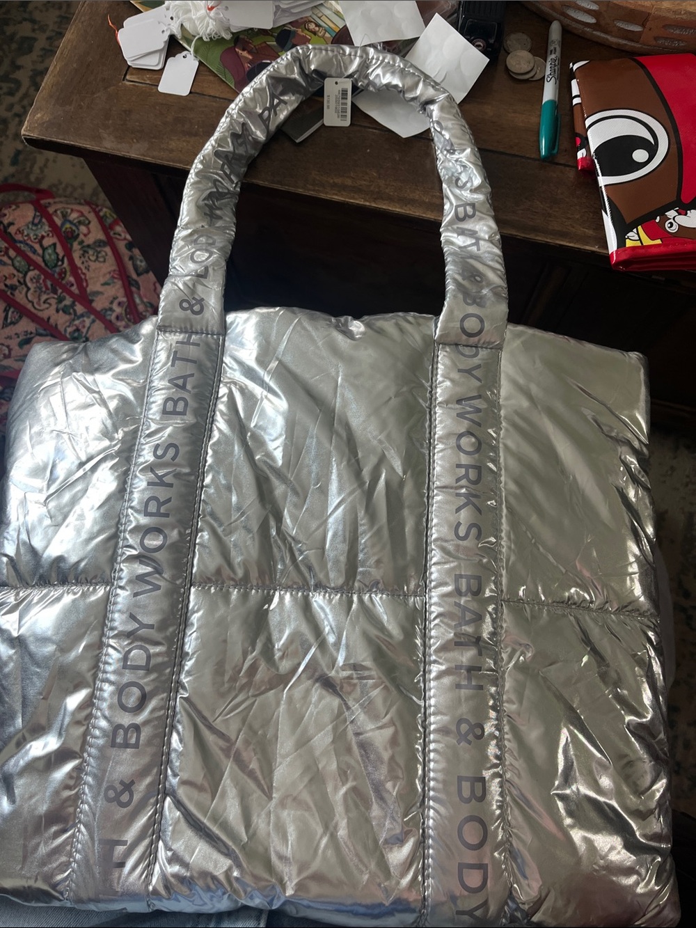 Bath & Body Works Silver Quilted Metallic Tote with Logo Straps